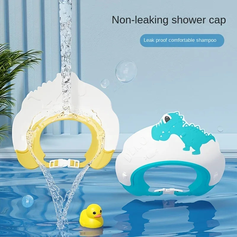 "🦖 Transforme o Banho do Seu Pequeno em uma Aventura Divertida com o Chapéu de Banho Dinossauro Ajustável! 🛁"