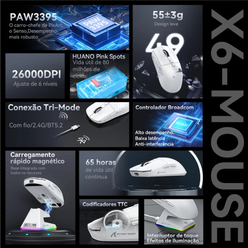 Attack Shark X6 Wireless Ergonomic Gaming Mouse Adjustable DPI Wired 2.4G/Bluetooth High Precision Rechargeable Mice